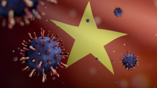 3D, Vietnamese flag waving with coronavirus outbreak infecting respiratory system as dangerous flu. Influenza type Covid 19 virus with national Vietnam banner blowing background. Pandemic risk concept