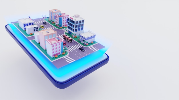 3D view of buildings along transport street on smartphone screen.