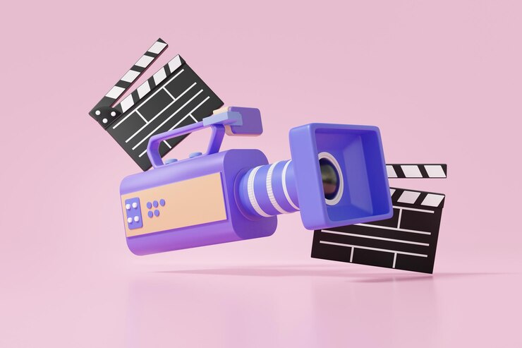 3D vintage movie camera and movie clapper board floating on pink background studio professional cinema concept entertainment 3d render illustration
