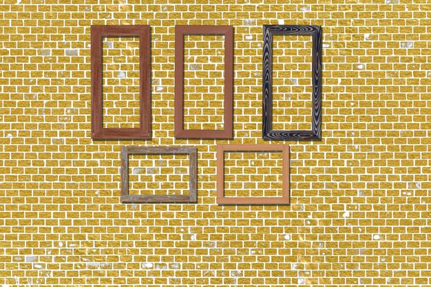 Photo 3d vintage photo frames on golden brick wall for interior or background