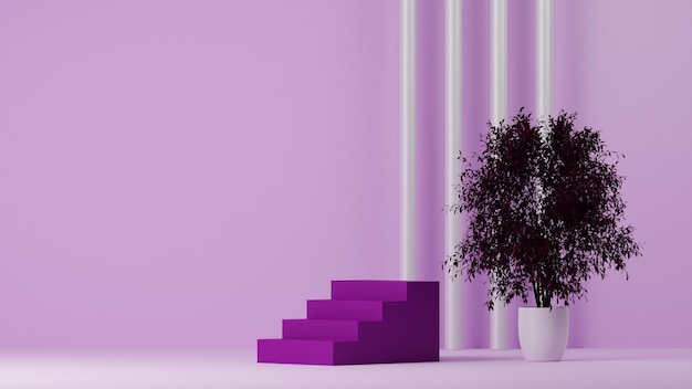 3D violet paars voetstuk of podium mockup display met plantenachtergrond, leeg platform voor showcase
