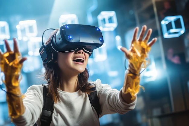 3D virtual reality gaming futuristisch Tiener speelt VR-headsettechnologie van de omgekeerde virtuele wereld op kleurrijk Gemaakt met generatieve Ai-technologie