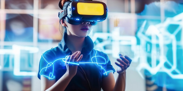 3D virtual reality gaming futuristische tiener speelt VR-headsettechnologie van metaverse virtuele wereld op kleurrijke Generate Ai