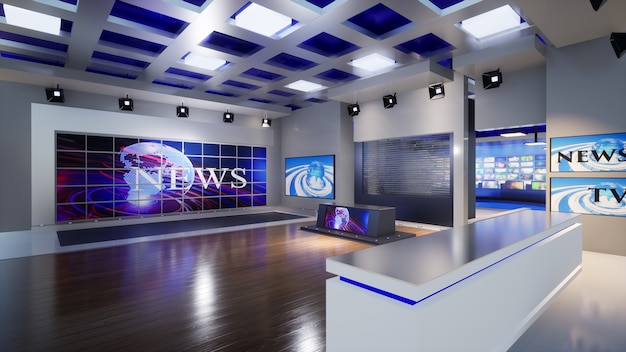 Photo 3d virtual tv studio news, 3d illustration