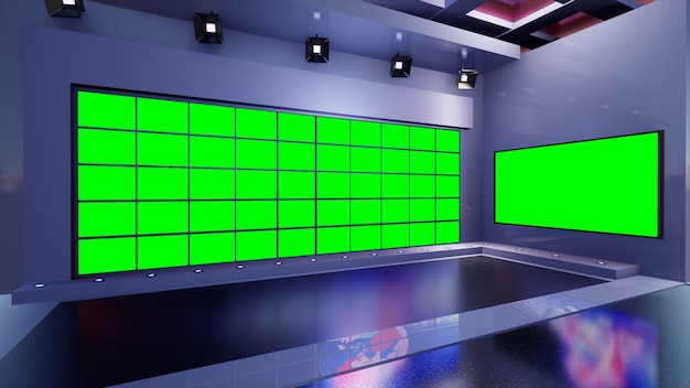 3D Virtual TV Studio News met groen scherm, 3d illustratie