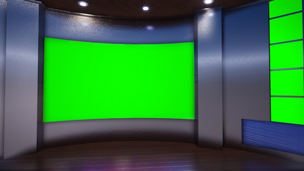 3D Virtual TV Studio News met groen scherm, 3d illustratie