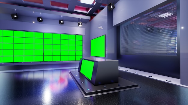 Photo 3d virtual tv studio news with green screen, 3d illustration