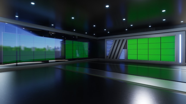 Photo 3d virtual tv studio news with green screen 3d rendering