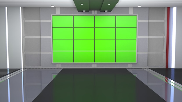 Foto 3d virtual tv studio notizie con rendering 3d con schermo verde