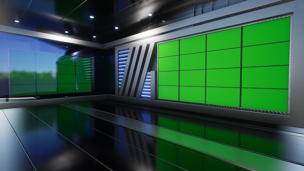 3D Virtual TV Studio Nieuws met groen scherm 3D-rendering