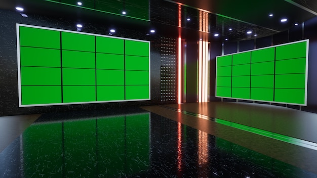 3D Virtual TV Studio Nieuws met groen scherm 3D-rendering