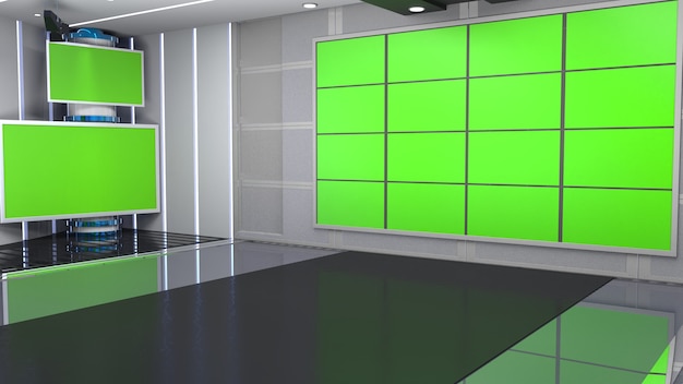 3D Virtual TV Studio Nieuws met groen scherm 3D-rendering