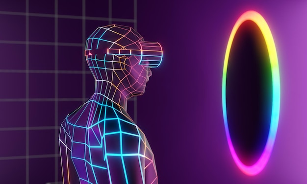 3D Virtual VR-headset voor menselijke slijtage met draadframe-effect in regenboogkleuren met cirkelgat