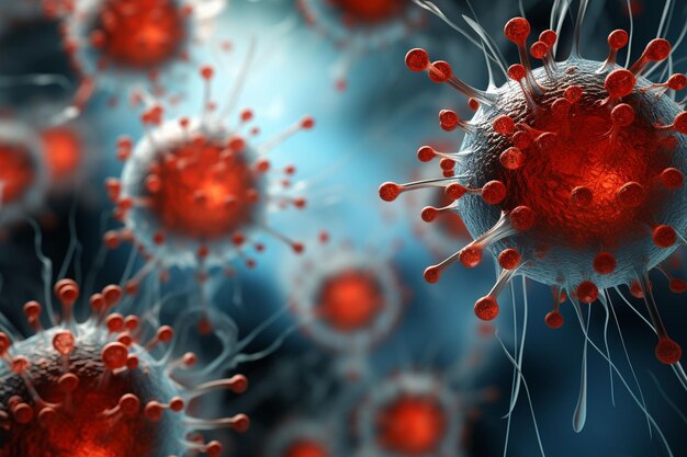 A 3d virus is shown in a blue background