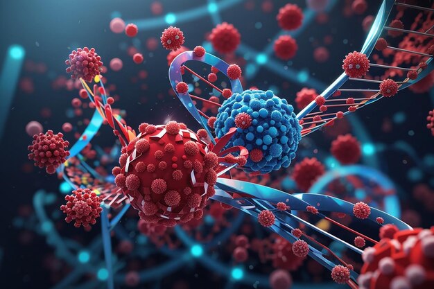 3D-viruscellen die een DNA-streng aanvallen