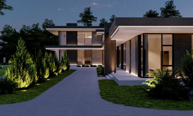 3D visualisatie van een luxe villa in een moderne stijl. luxe huis
