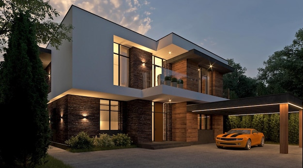 3D visualisatie van een modern huis. Avondverlichting. Woning met terras en plat dak