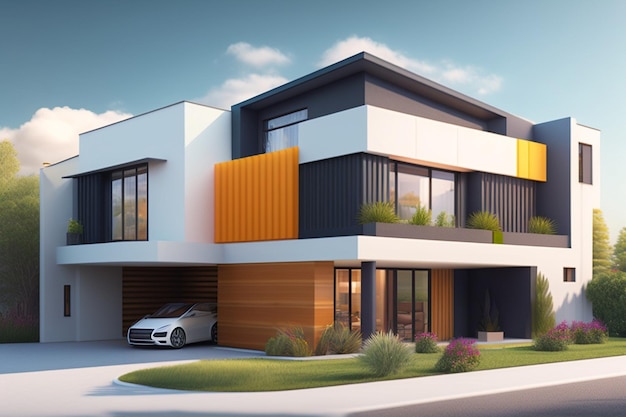 3D visualisatie van een modern huis in felle kleuren huis gevel ontwerp moderne architectuur