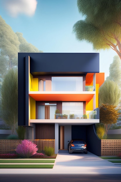 3D visualisatie van een modern huis in felle kleuren huis gevel ontwerp moderne architectuur