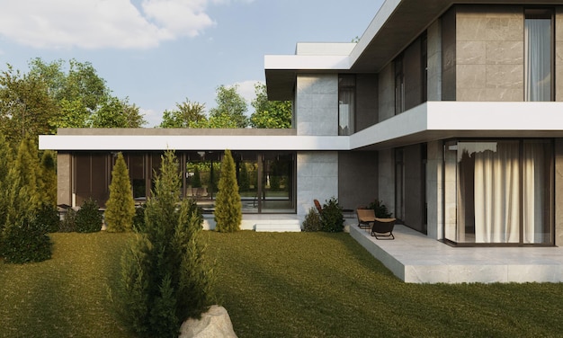 3D-visualisatie van een modern huis met een terras en panoramische ramen. Moderne architectuur.