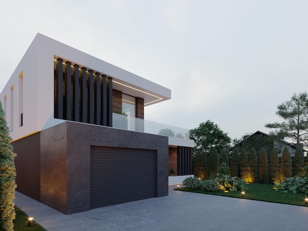 3D visualisatie van een modern huis met een zwembad. luxe architectuur