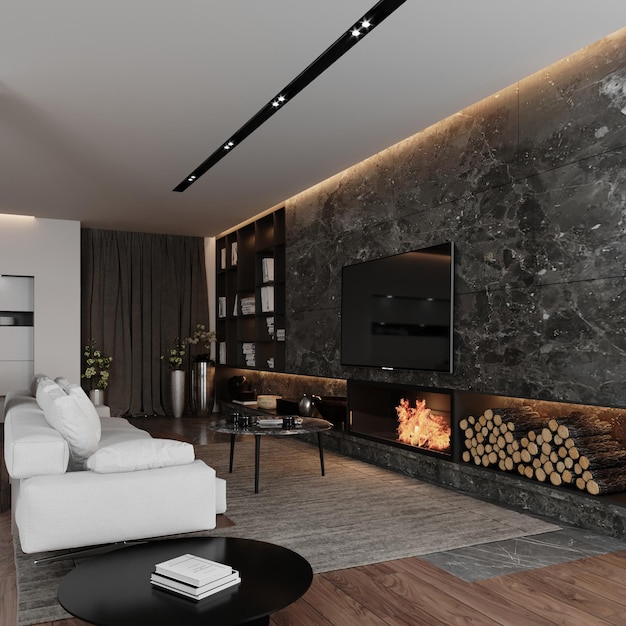 3D visualisatie van een moderne woonkamer. Interieurconcept. Luxe interieur