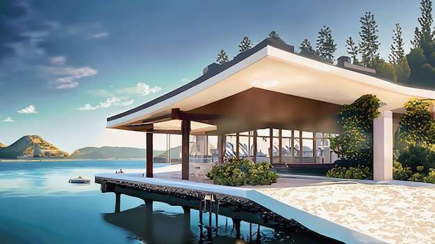 3D-visualisatie van een prachtig luxueus, modern huis aan de waterkant, onroerend goed met architectuur