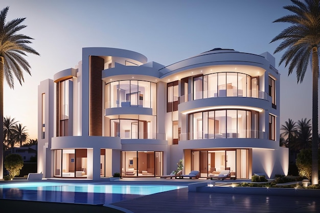 3D-visualisatie van een villa in dubai moderne architectuur avondverlichting van de gevel