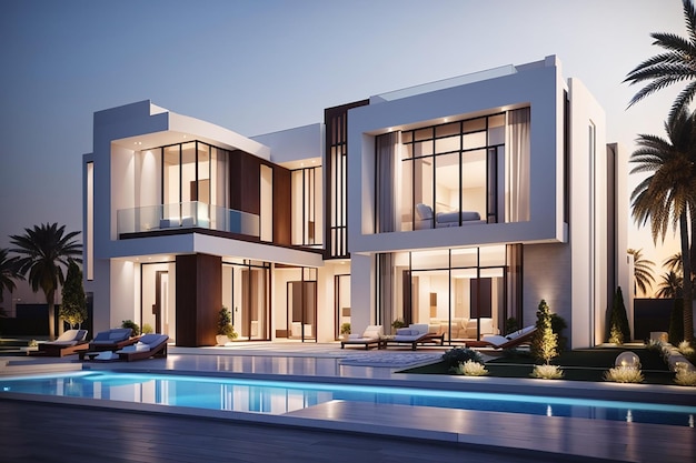 3D-visualisatie van een villa in dubai moderne architectuur avondverlichting van de gevel