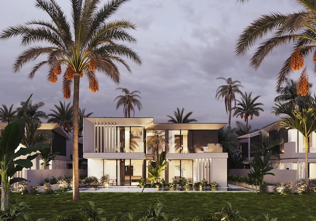 3D visualisatie van een villa in Dubai. Moderne architectuur. Avondverlichting van de gevel