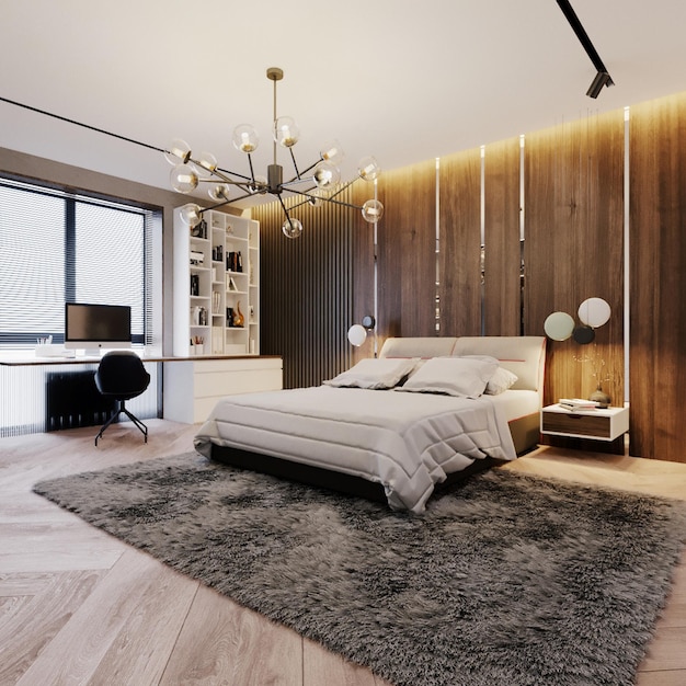 3D visualization of the bedroom. Interior concept. Sketch. Wood panel on the wall