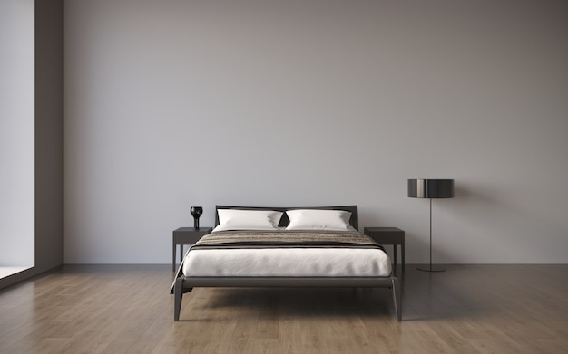 3d-визуализация двуспальной кровати с прикроватными тумбами в минималистичном интерьере 3d иллюстрация