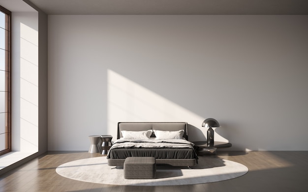 3d visualization of a double bed with bedside tables in a minimalistic interior 3D illustration