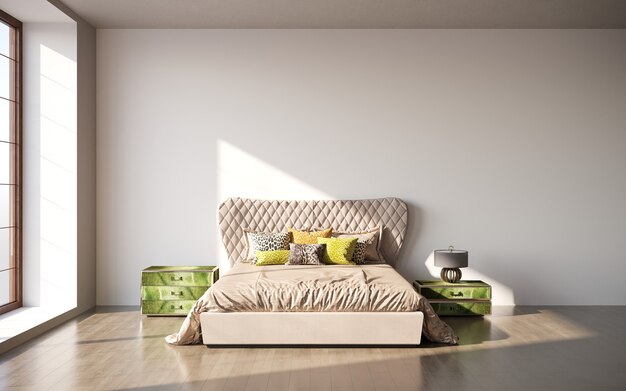 3d-визуализация двуспальной кровати с прикроватными тумбами в минималистичном интерьере 3d иллюстрация