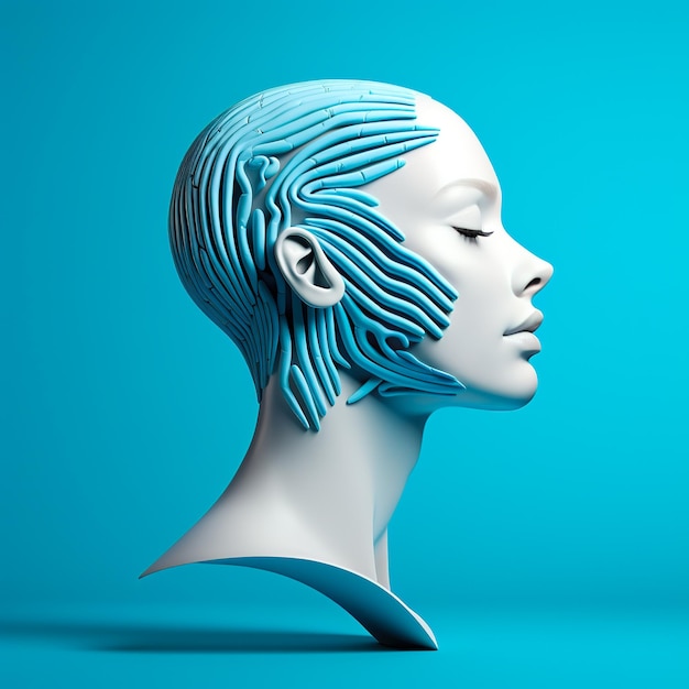 3d visualization of a female head and brain with blue background