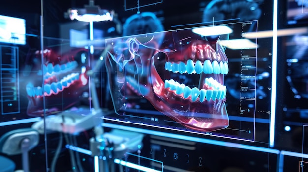 3D-визуализация голографических стоматологических дисплеев, показывающих различные углы зубов, иллюстрирующие передовые диагностические технологии в стоматологии и медицинской визуализации