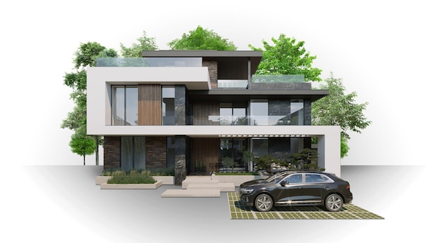 3D visualization of the house on a white background. Modern architecture. 3D model of the house