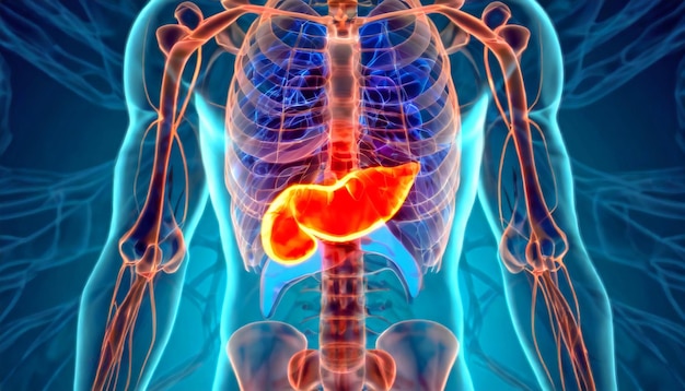 Foto visualizzazione 3d illustrazione dell'anatomia del pancreas umano