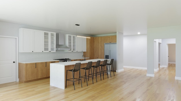 3D visualization of a kitchen with a wooden floor