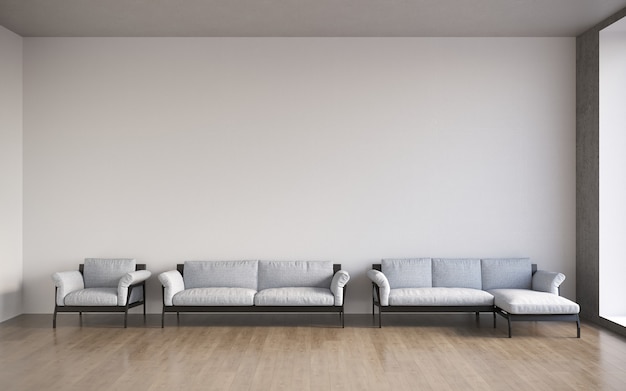 3d visualization of a large spacious modern interior with a concrete wall and a comfortable sofa wit