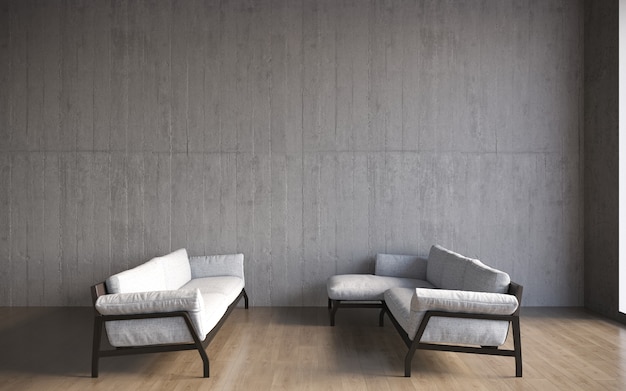 3d visualization of a large spacious modern interior with a concrete wall and a comfortable sofa wit