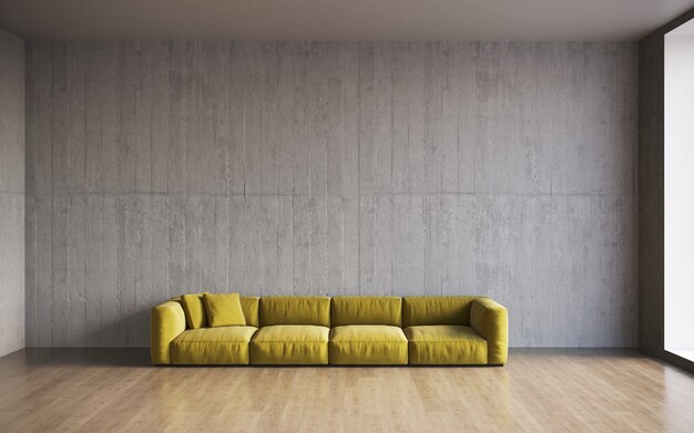 3d-визуализация большого просторного современного интерьера с бетонной стеной и удобным диваном с остроумием.