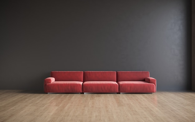 Visualizzazione 3d di un ampio e spazioso interno moderno con un muro di cemento e un comodo divano con