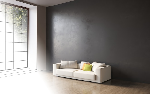 3d visualization of a large spacious modern interior with a concrete wall and a comfortable sofa