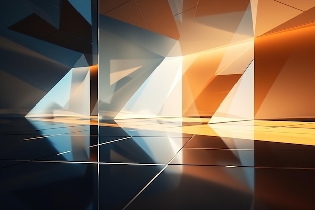 3D visualization of a modern geometric structure with reflective surfaces