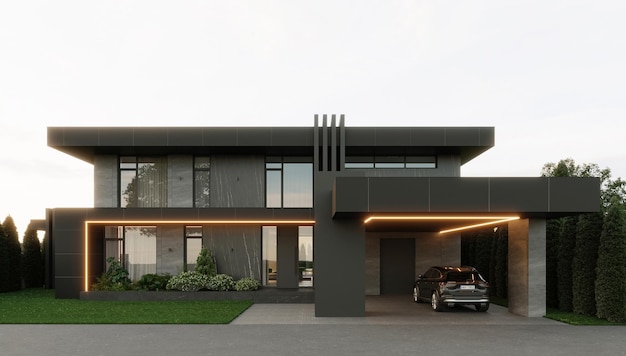 3D visualization of a modern home. Unique architecture. Facade of the house