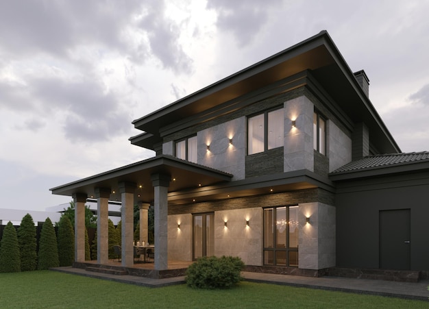 Photo 3d visualization of a modern house brick facade porcelain tiles on the facade panoramic windows