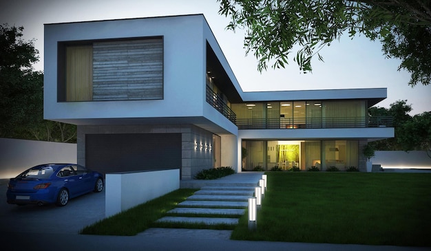 3D visualization of a modern house. Evening illumination. House with terrace and flat roof