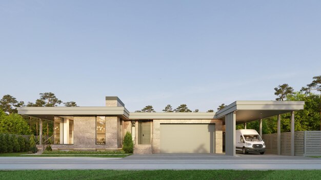 Photo 3d visualization of a modern house with a garage and carport beautiful architecture flat roof hous