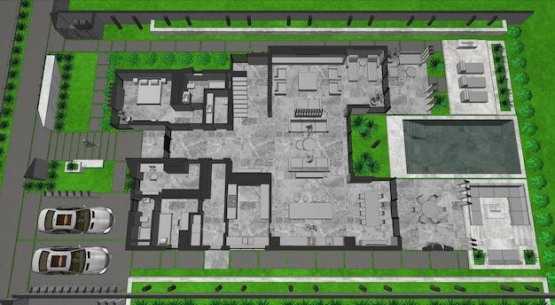 大きなプロットを持つモダンな家の 3D ビジュアライゼーション。パノラマの窓のある家。豪華な建築家